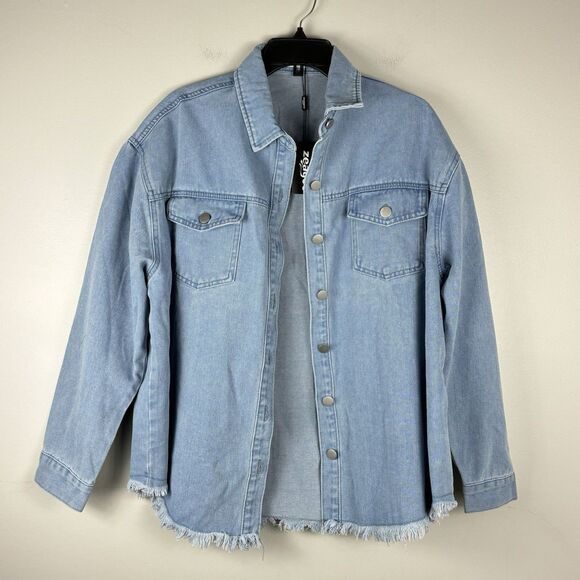 Women’s Denim Shirt Shacket Button Down Long Sleeves Sz L Cozy Oversized NWT - Picture 2 of 9